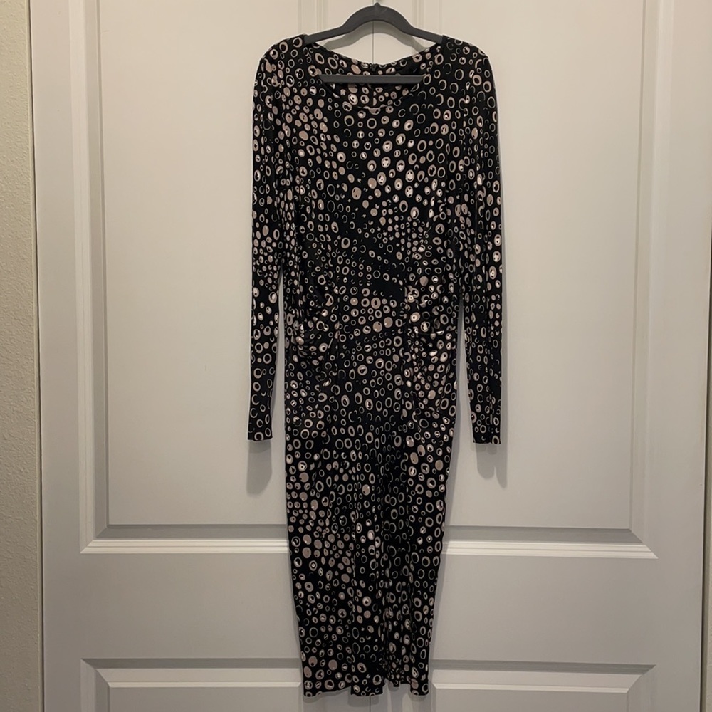 Rena Lange Black & Beige Print Long Sleeve Dress